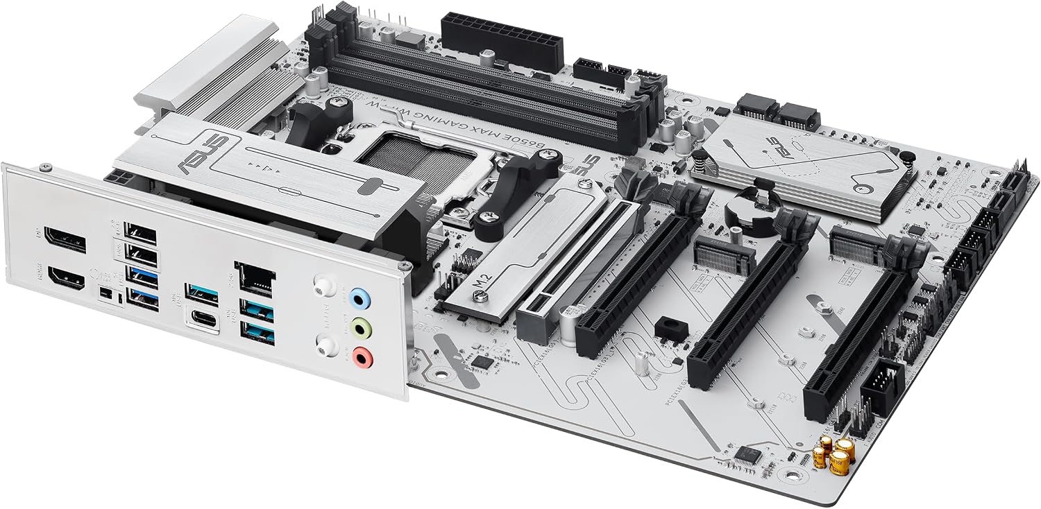 ASUS B650E MAX Gaming WiFi W – AMD B650 AM5 ATX Motherboard, White PCB, DDR5, PCIe 5.0, 3X M.2, Wi-Fi 6E, 2.5Gb LAN, USB 10Gbps Type-C, DisplayPort, HDMI™, BIOS Flashback™, Aura Sync, Advanced AI PC