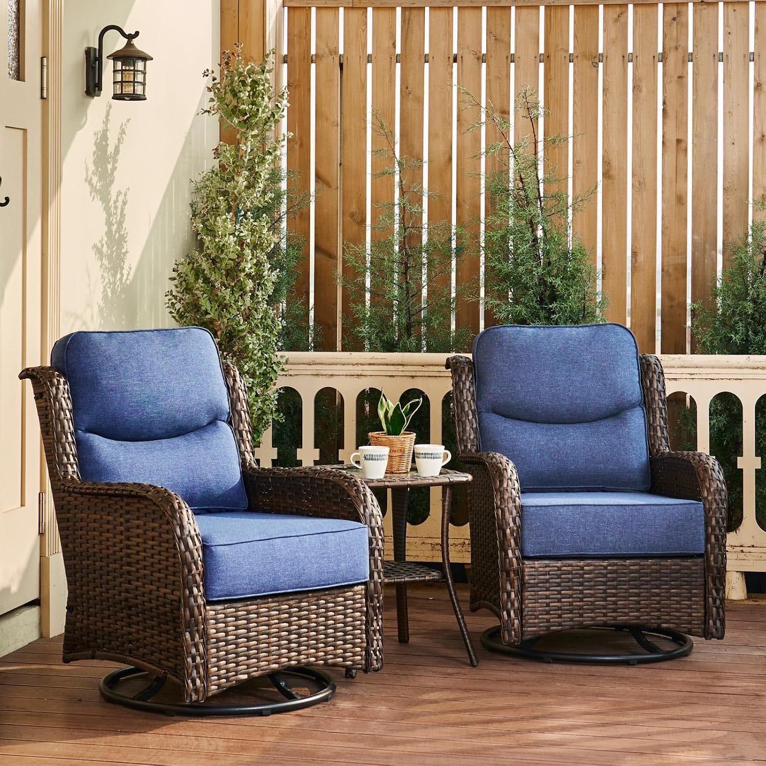 HILLGA Luxury Outdoor Swivel Rocker Patio Chairs of 2 with 6 Inch Thick Cushions and Side Table, Swivel Outdoor Chairs 3PCS High Back Wicker Patio Furniture Set for Porch, Balcony, Deck in Blue