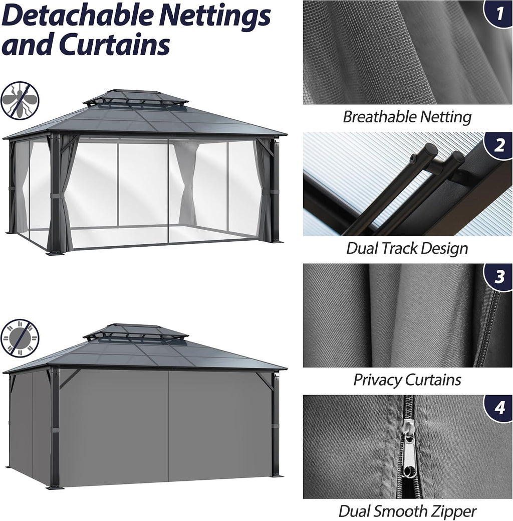 12' x 16' Hardtop Gazebo, Outdoor Polycarbonate Double Roof Gazebo with Metal Frame Permanent Pavilion with Netting& Curtains for Garden, Patio