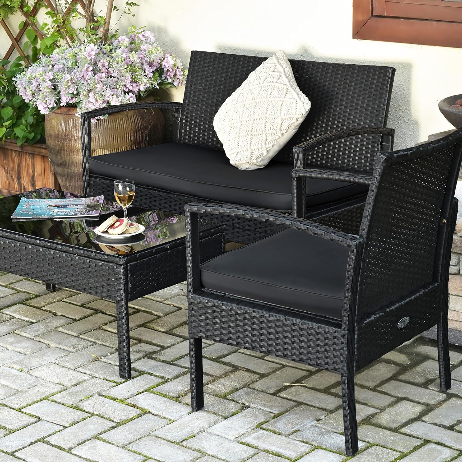 Tangkula 8 Pieces Wicker Patio Conversation Furniture Set, Outdoor Rattan Chair and Table Set, Patio Furniture Sets with Coffee Table & Washable Cushions for Courtyard Balcony Garden