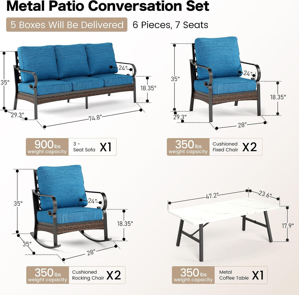 SUNSHINE VALLEY 6 Piece Metal Outdoor Patio Furniture Set, Patio Conversation Set 3-Seater Sofa, 2 Fixed Sofa, 2 Rocking Chair with 5.75' Thick Cushion & Coffee Table Black Backyard Furniture, Blue-2