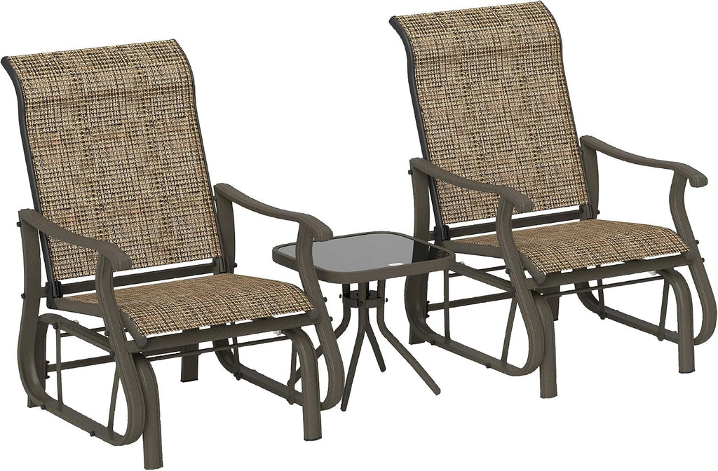 Outsunny 3-Piece Outdoor Gliders Set, Bistro Table and Chairs with Steel Frame, Tempered Glass Top Table for Patio, Garden, Backyard, Lawn, Light Mixed Brown