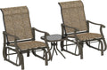 Outsunny 3-Piece Outdoor Gliders Set, Bistro Table and Chairs with Steel Frame, Tempered Glass Top Table for Patio, Garden, Backyard, Lawn, Light Mixed Brown
