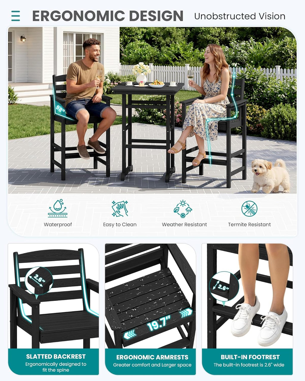 SERWALL 5-Piece Adirondack Bar Chairs Set, HDPE Adirondack Barstools with Pub Table, Outdoor Patio Bar Furniture for Bistro, Balcony, Poolside, Garden - Black