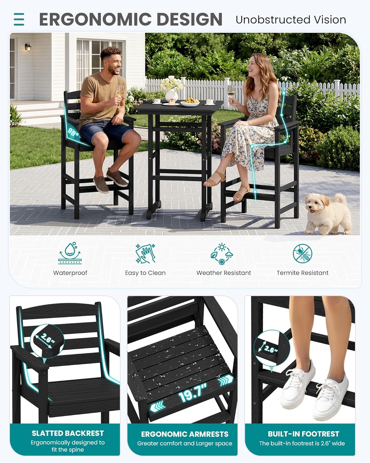 SERWALL 5-Piece Adirondack Bar Chairs Set, HDPE Adirondack Barstools with Pub Table, Outdoor Patio Bar Furniture for Bistro, Balcony, Poolside, Garden - Black