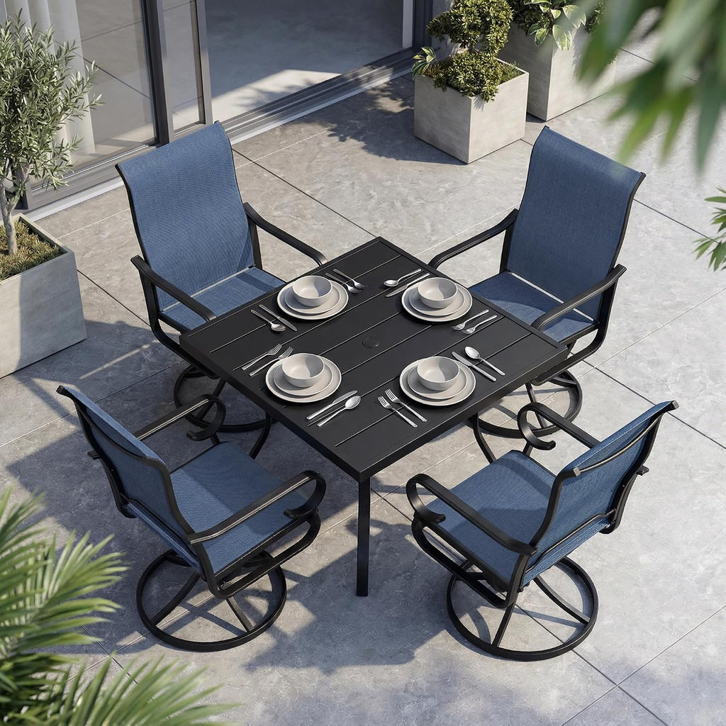 NUU GARDEN 5-Piece Breathable Textilene Outdoor Dining Set, Slatted Outdoor Table and Chairs with Swivel Base, All Weather Patio Furniture Set with Umbrella Hole for Backyard, Garden, Blue