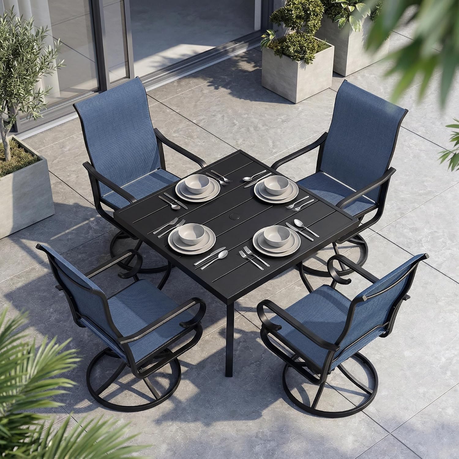NUU GARDEN 5-Piece Breathable Textilene Outdoor Dining Set, Slatted Outdoor Table and Chairs with Swivel Base, All Weather Patio Furniture Set with Umbrella Hole for Backyard, Garden, Blue