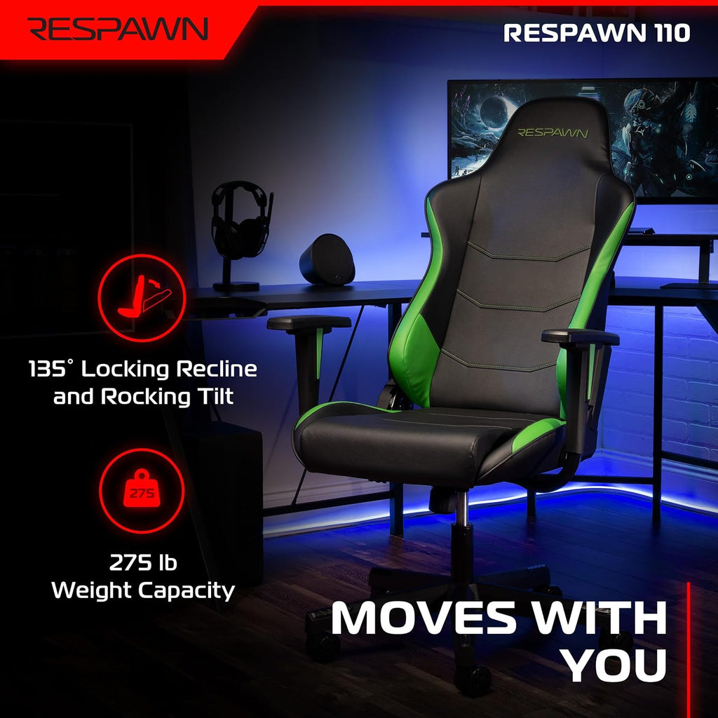 Respawn 110 Ergonomic Gaming Chair - Reclining Office Video Game Swivel Chair with Lumbar Support, Headrest, Heavy Duty, High Back, Racing Style Gaming Recliner Seat for Computer Gamer - Green