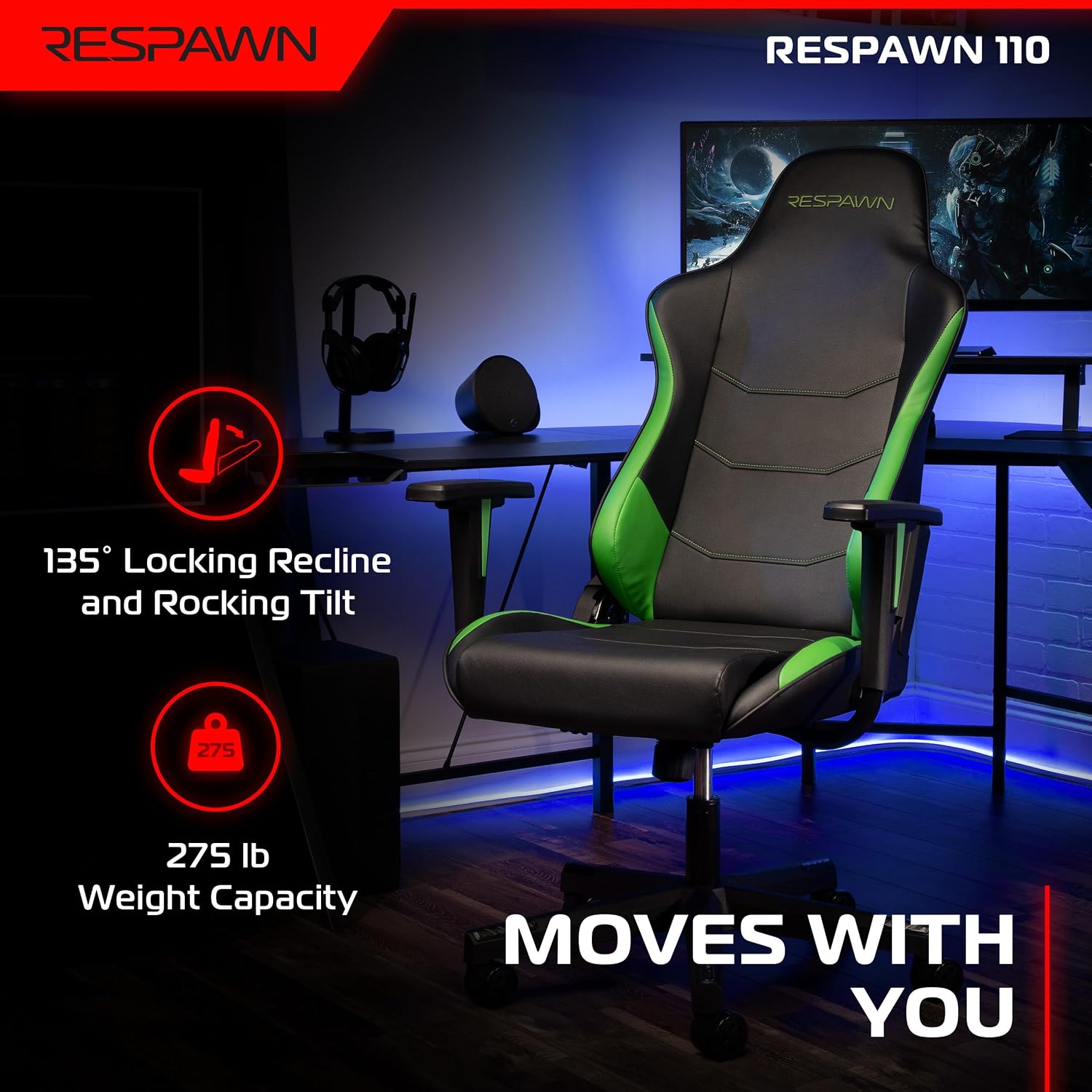 Respawn 110 Ergonomic Gaming Chair - Reclining Office Video Game Swivel Chair with Lumbar Support, Headrest, Heavy Duty, High Back, Racing Style Gaming Recliner Seat for Computer Gamer - Green