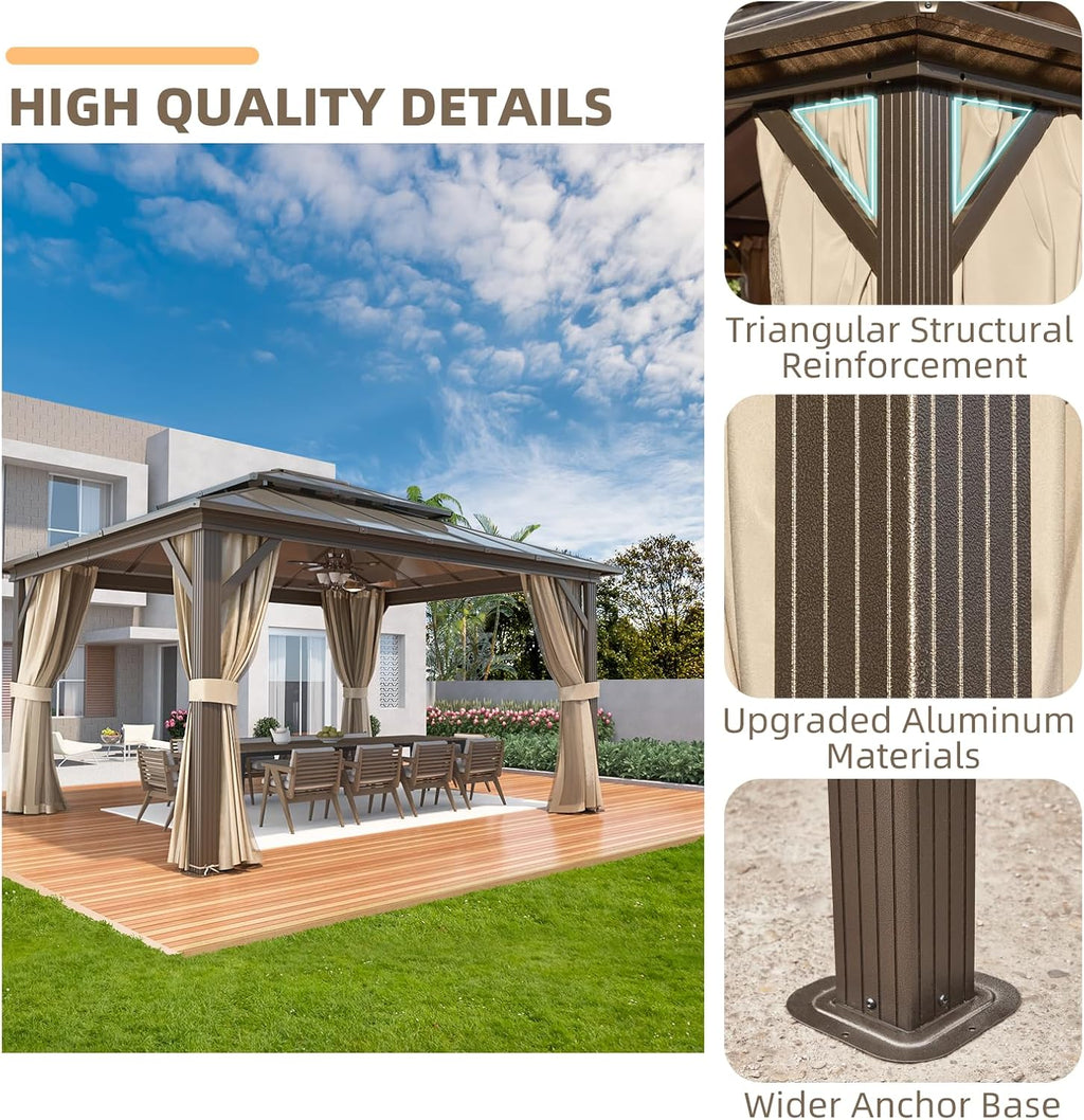YOLENY 12'x14' Hardtop Gazebo, Aluminum Frame Outdoor Gazebos with Polycarbonate Vertical Stripe Double Canopy, Includeds Netting and Curtains for Patios, Decks, Backyards, Lawns and Garden