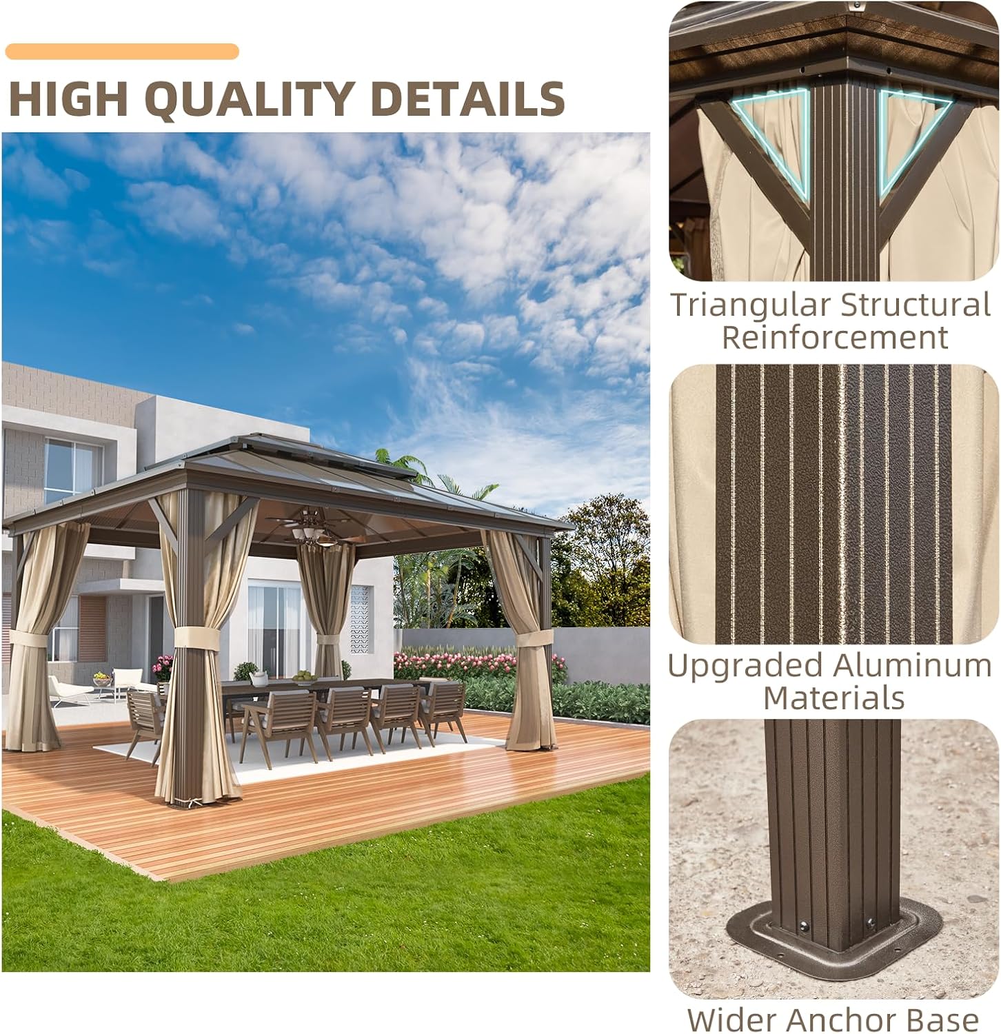 YOLENY 12'x14' Hardtop Gazebo, Aluminum Frame Outdoor Gazebos with Polycarbonate Vertical Stripe Double Canopy, Includeds Netting and Curtains for Patios, Decks, Backyards, Lawns and Garden