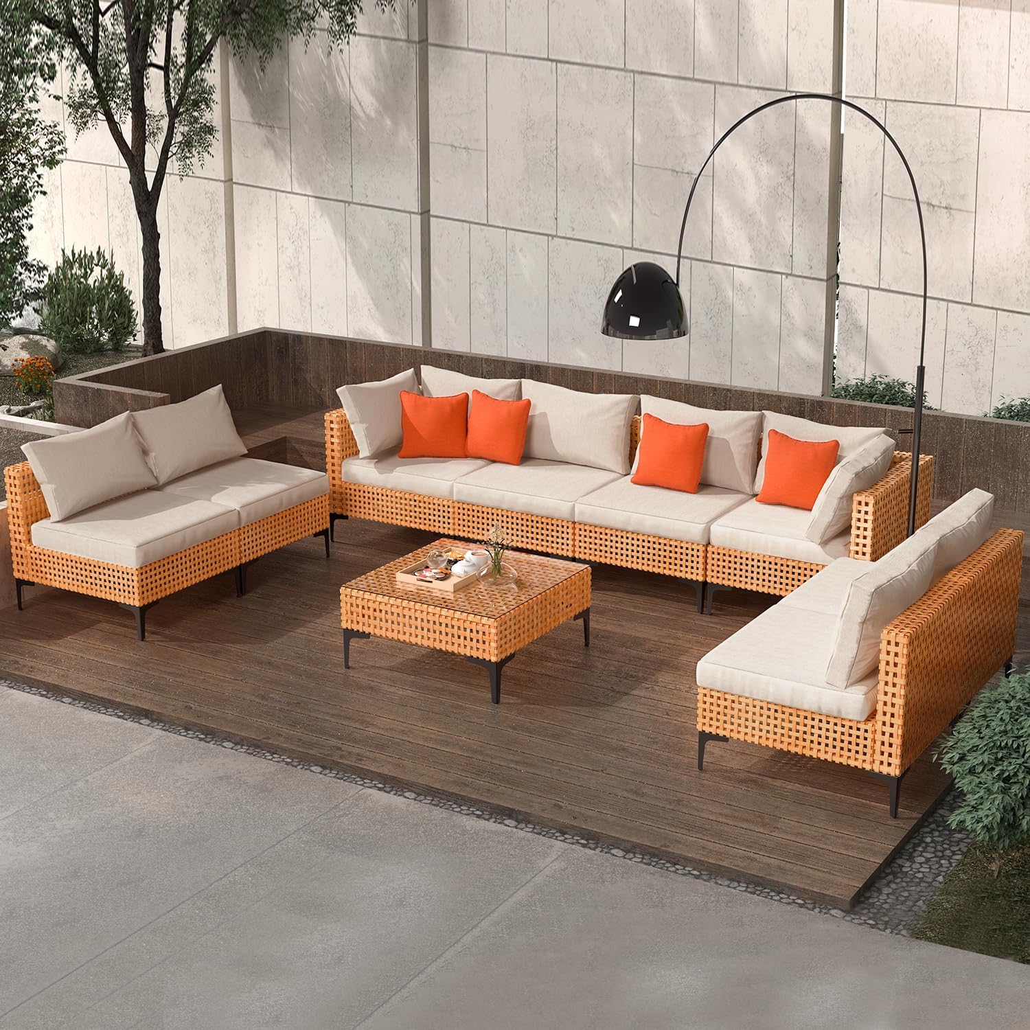 9 Piece Outdoor Patio Furniture Set Modular Outdoor Furniture Set Wicker Outdoor Sectional Sofa with Table Patio Set for Balcony Porch Deck Yard (Salmon&Orange Wicker, Sand Cushion)