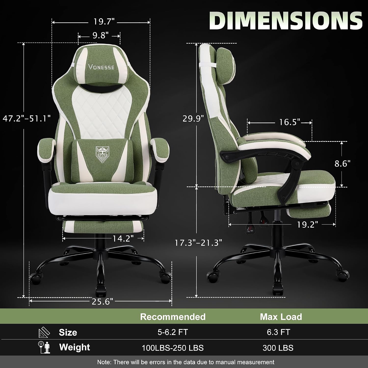 Vonesse Gaming Chair, Reclining Fabric Gaming Chairs for Adults 250LBS, Office Chair with Pocket Spring Cushion, Computer Chair with Footrest and Massage Lumbar Support (Green)