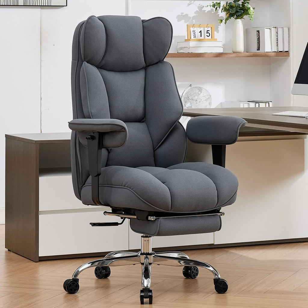 Efomao Big and Tall Office Chair with Footrest, 350lbs Heavy Duty Desk Chair, Extra Wide High Back Executive Office Chair for Long Hours, Reclining Home Office Chair with Breathable Fabric, Blue Grey