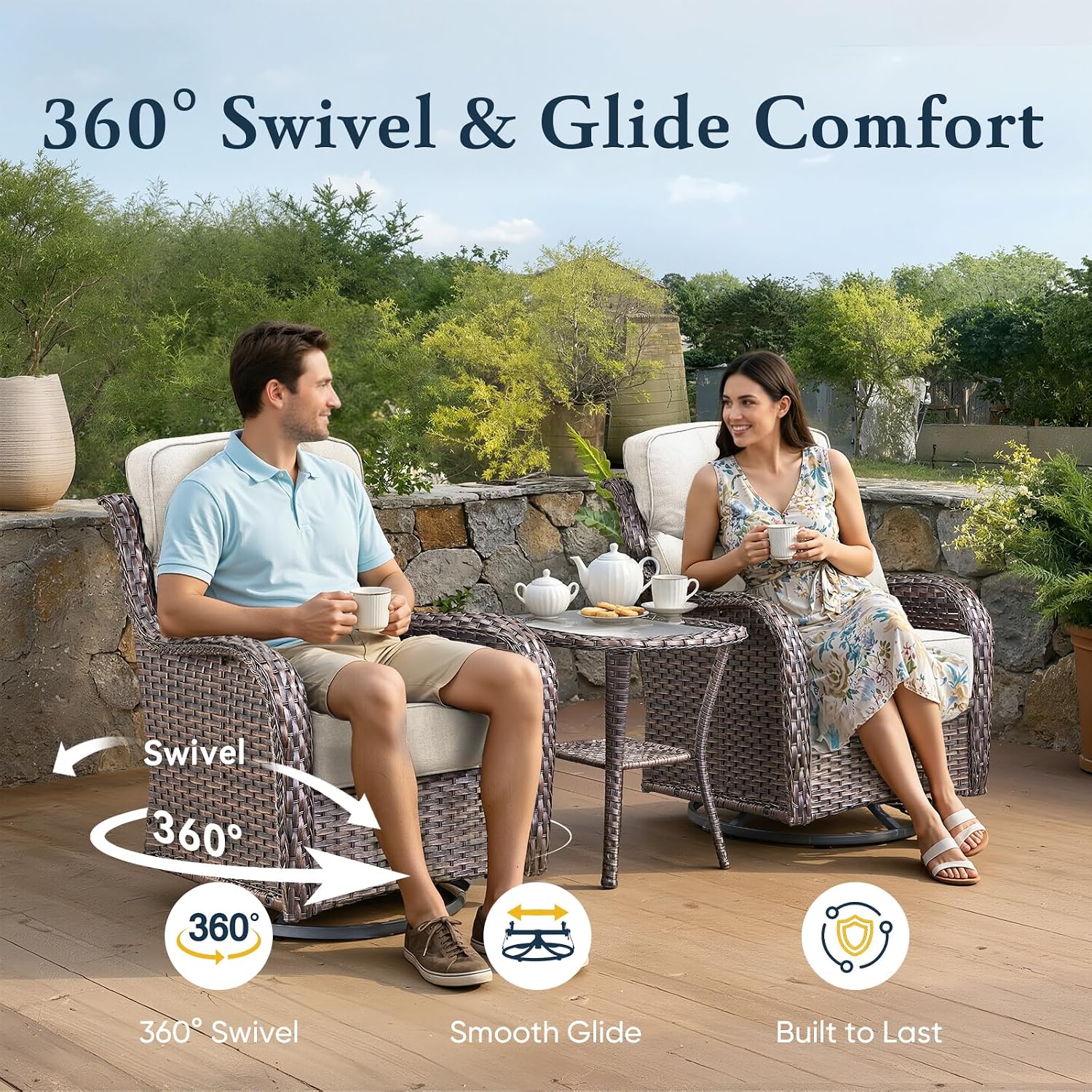Belord Luxury 6' Thick Cushioned Outdoor Swivel Rocker Patio Chairs with Side Table, High Back Wicker Furniture Set with Ergonomic Zone Back, Conversation Glider Set for Deck Porch - Brown+Beige