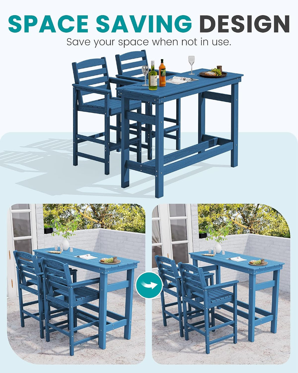 SERWALL Outdoor Bar Table and Chairs Set, Adirondack Bar Chairs Set of 2 and Bar Height Table, All Weather HDPE Patio Bar Set, Outdoor Furniture for Outside, Blue