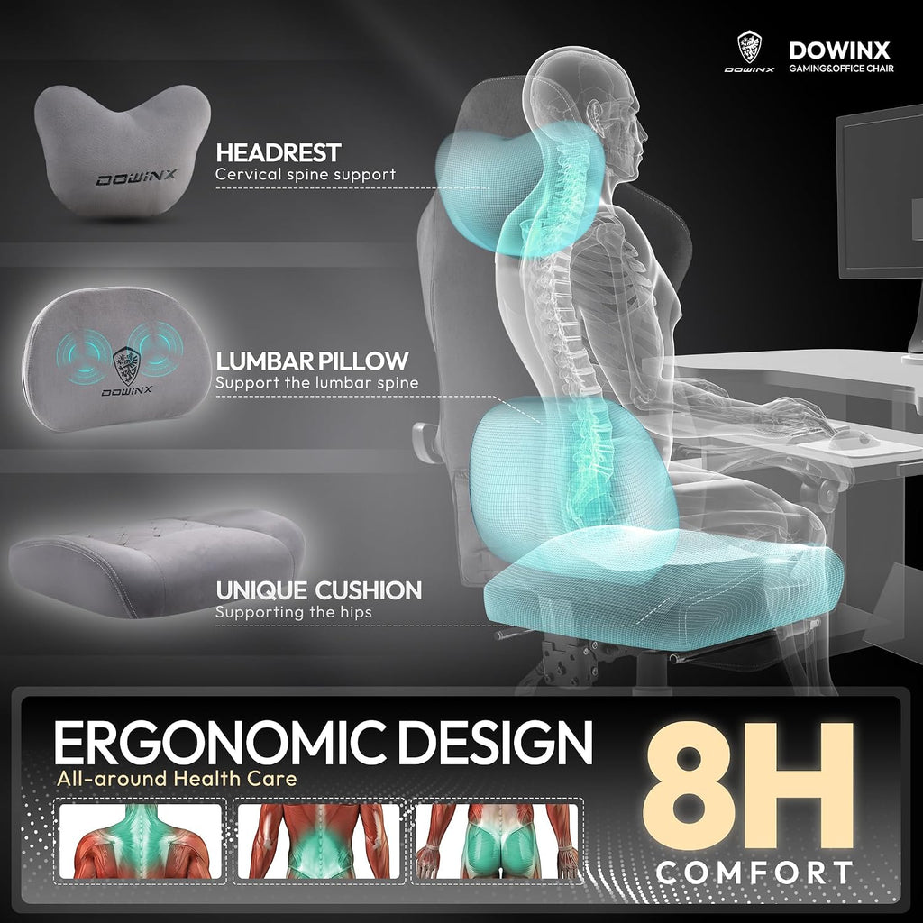 Dowinx Fabric Gaming Chair with Heated Massage Lumbar Support, Gaming Chairs for Adults, Big and Tall Gamer Chair with Pocket Spring Cushion and Footrest, Ergonomic Recliner Computer Chair, Grey