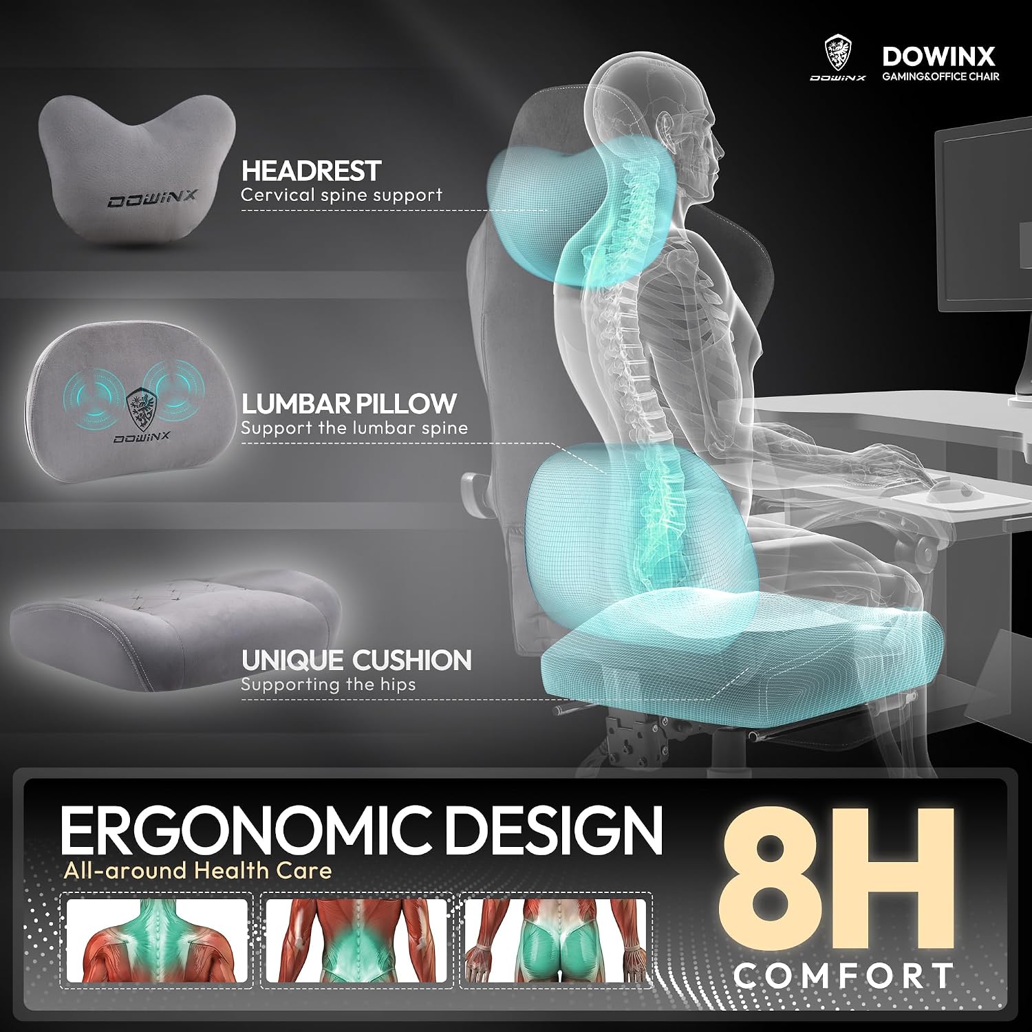 Dowinx Fabric Gaming Chair with Heated Massage Lumbar Support, Gaming Chairs for Adults, Big and Tall Gamer Chair with Pocket Spring Cushion and Footrest, Ergonomic Recliner Computer Chair, Grey