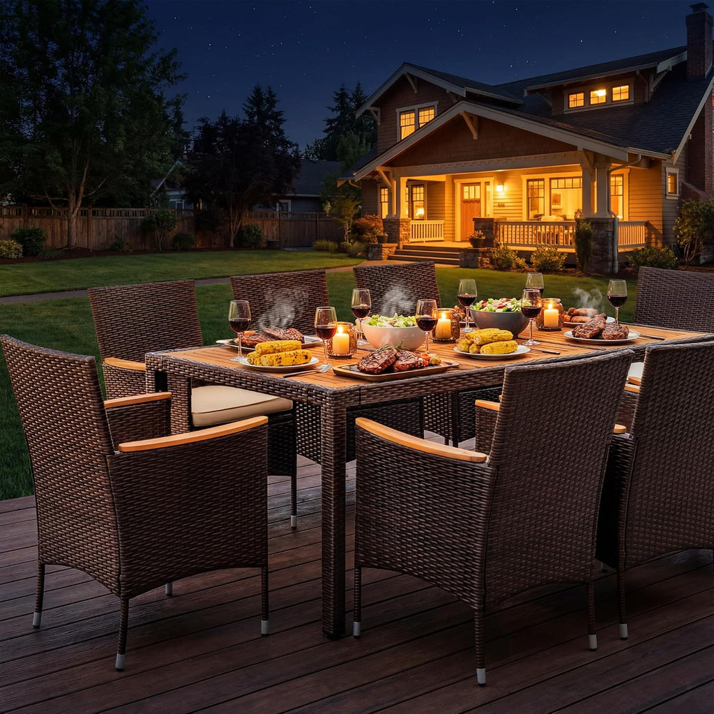 Devoko Outdoor Patio Dining Sets 9 Pieces Wicker Outdoor Dining Table and Chairs Set with Acacia Wood Table Top and Widened Armrests for Backyard, Garden, Deck (Brown)