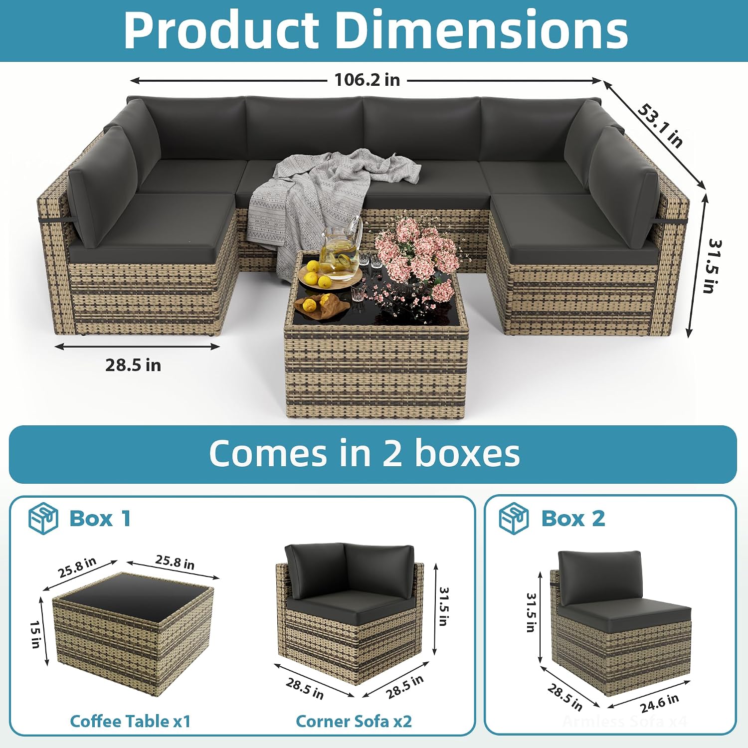 Pamapic 7 Piece Outdoor Sectional Sofa Set, All-Weather Patio Furniture with Washable Cushions, Waterproof Gray Rattan Wicker Conversation Set for Backyard, Poolside, Garden (Black Cushions)