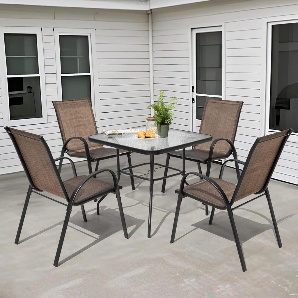 NUU GARDEN 5 Piece Outdoor Patio Dining Set, 32 Inch Square Tempered Glass Table with Umbrella Hole and 4 Textilene Chairs, Patio Furniture for Backyard Garden, Brown and Black
