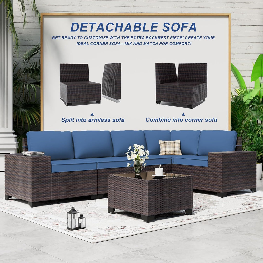 Outdoor Patio Furniture Set with Gas Fire Pit Table, 7 Pieces Patio Furniture Set Outdoor Sectional Sofa w/43in Propane Fire Pit, PE Wicker Rattan Patio Conversation Set - Dark Blue