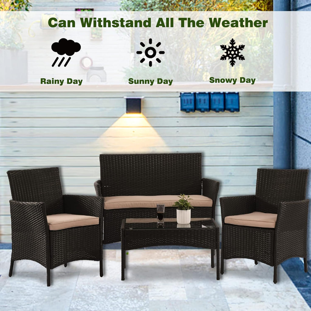 PayLessHere 4 Pieces Patio Furniture Set Rattan Outside Furniture Wicker Sofa Garden Conversation Sets with Soft Cushion and Glass Table for Yard Pool or Backyard,Black