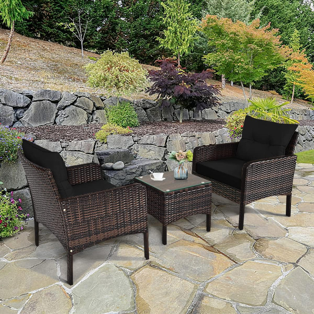 HAPPYGRILL 3 Pieces Patio Conversation Set Outdoor Rattan Wicker Furniture Set with Coffee Table & Chairs Patio Bistro with Seat Cushions for Garden Balcony Backyard Poolside