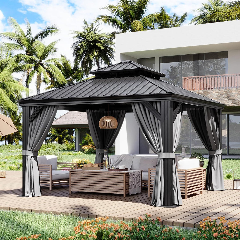 Aoxun 12' X 12' Hardtop Gazebo with Drainage System, Aluminum Outdoor Gazebo with Galvanized Steel Double Roof, Patio Permanent Metal Pavilion with Netting, for Garden, Deck, Backyard, Grey