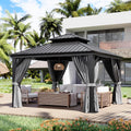 Aoxun 12' X 12' Hardtop Gazebo with Drainage System, Aluminum Outdoor Gazebo with Galvanized Steel Double Roof, Patio Permanent Metal Pavilion with Netting, for Garden, Deck, Backyard, Grey