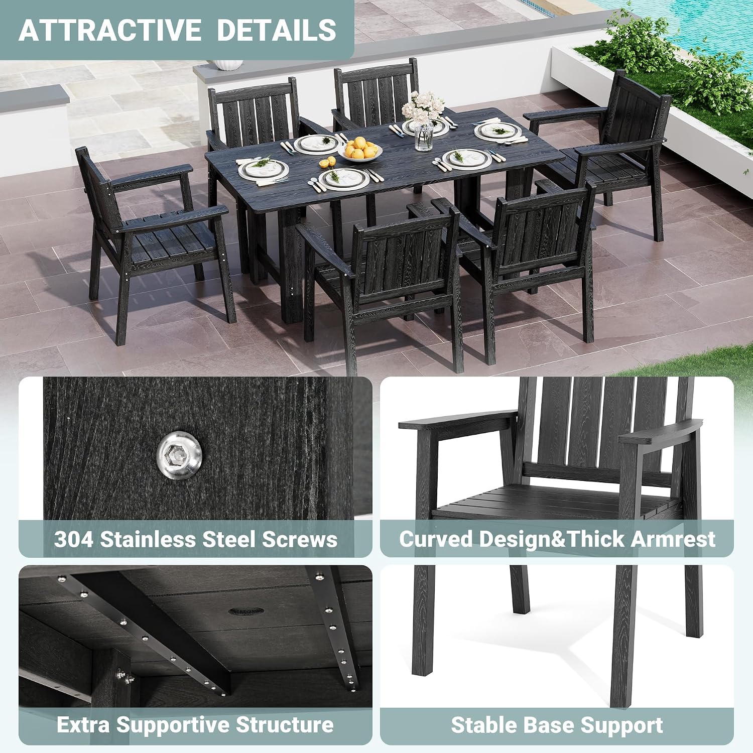 Pamapic 7 PCS Outdoor Dining Set, Spacious HDPE Outdoor Table and Chairs, Wood Grain Patio Furniture Sets with Elegant Armrest, All-Weather Patio Dining Table with Umbrella Hole, Black
