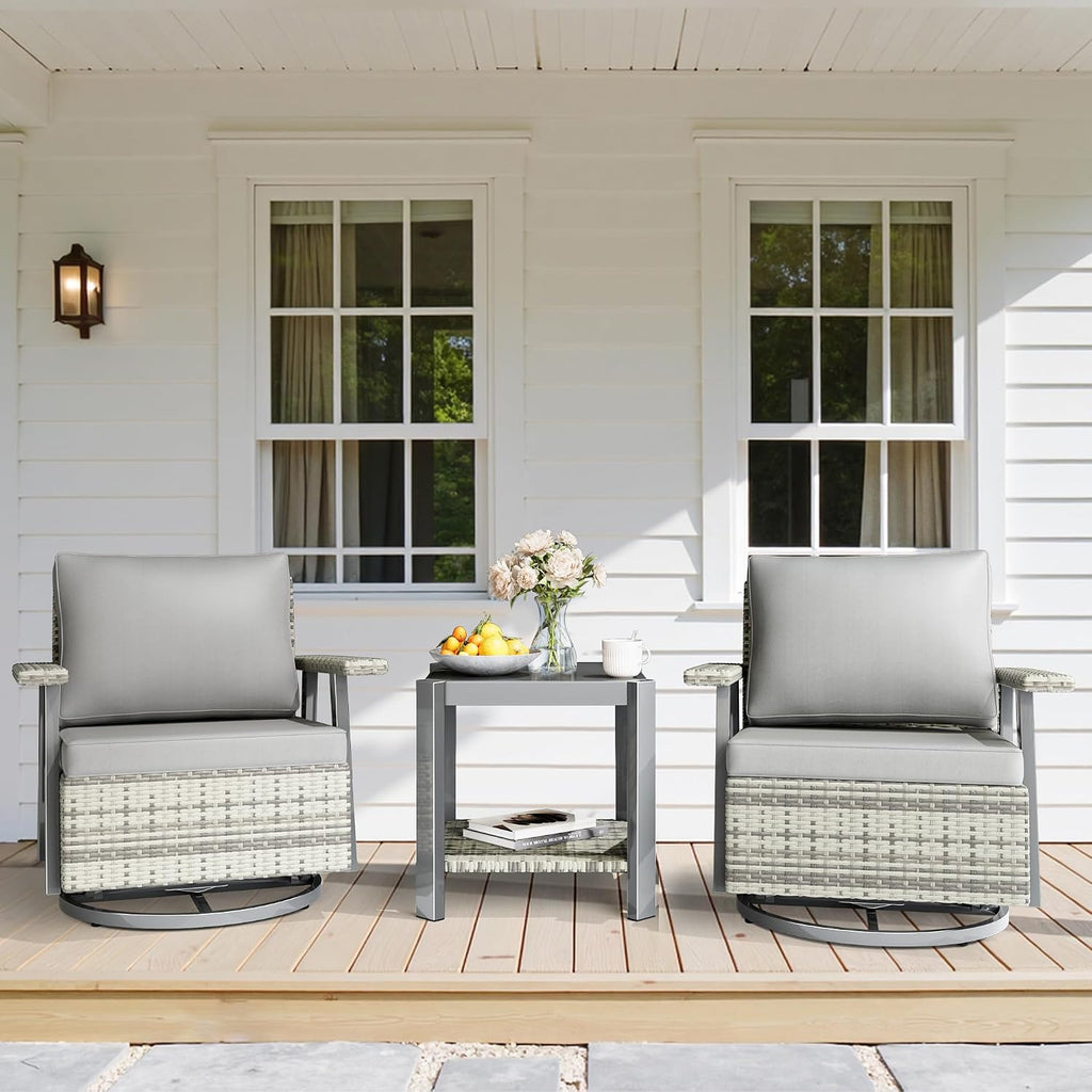 Pamapic 3 Pieces Patio Furniture Set, Outdoor Swivel Glider Rocking Chairs with Thick Cushions, Outdoor Wicker Bistro Set with Side Table, Swivel Conversation Set for Porch, Balcony, Deck