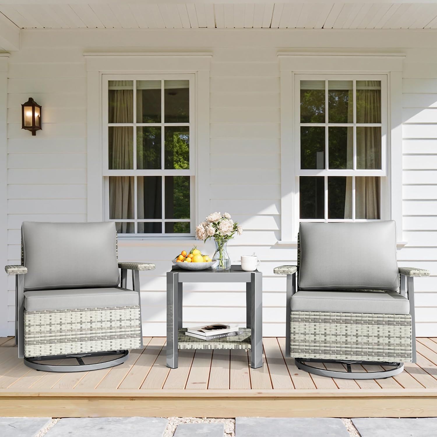 Pamapic 3 Pieces Patio Furniture Set, Outdoor Swivel Glider Rocking Chairs with Thick Cushions, Outdoor Wicker Bistro Set with Side Table, Swivel Conversation Set for Porch, Balcony, Deck