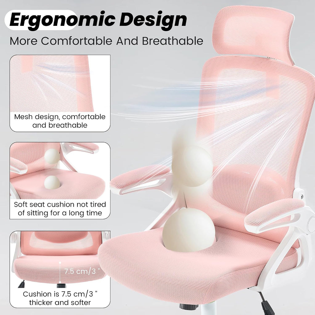 Fizzin Ergonomic Office Chair, 400 LBS Desk Chair with Adjustable Lumbar Support, High Back Breathable Mesh Computer Chair Rolling Work Swivel Task Chairs, Comfy Home Office Desk Chair (Pink)