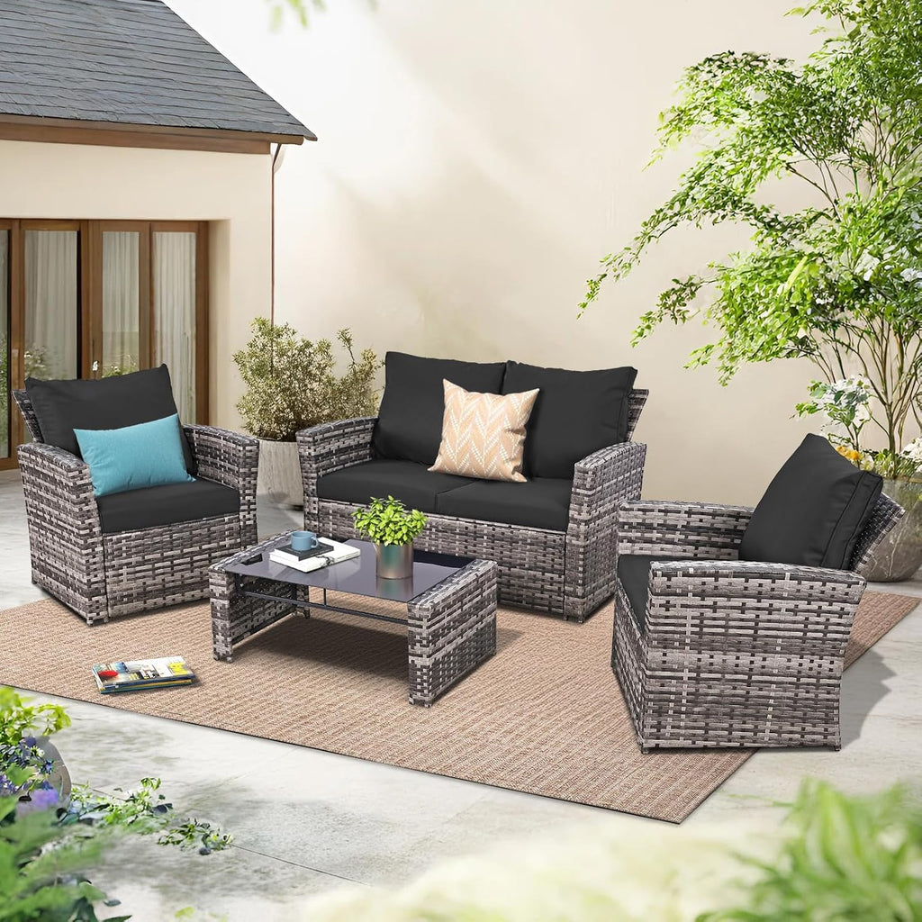 FHFO 4 Piece Patio Furniture Set, Wicker Outdoor Conversation Furniture Set, All Weather Patio Sofa Couch with Cushion & Glass Table, Grey/Black