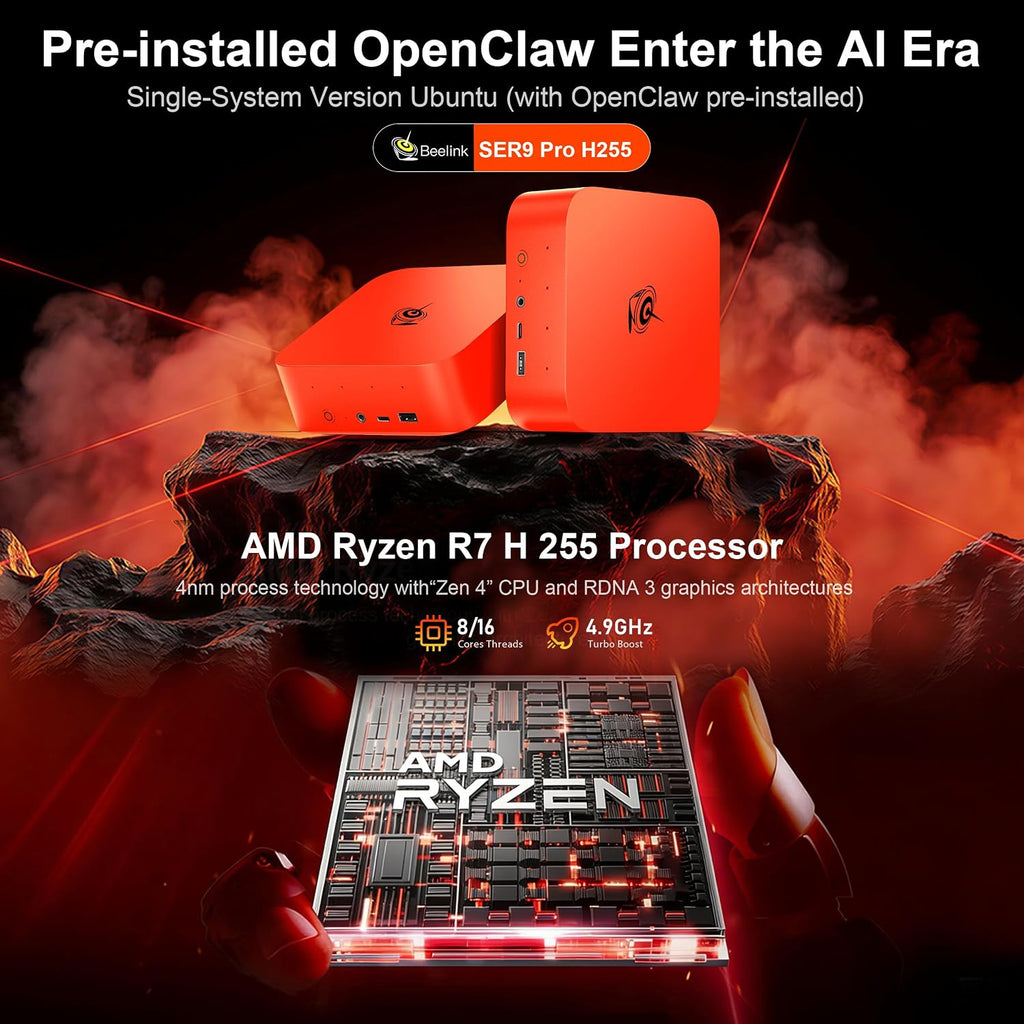 Beelink Mini PC SER9 Pro AMD Ryzen 7 255 (8C/16T,3.8/4.9GHz),24G LPDDR5X 6400MT/s 1TB PCIe4.0 Mini Computers, Radeon 780M Gaming PC, Triple Display,2.5G LAN/Pre-Installed Openclaw/Ubuntu System
