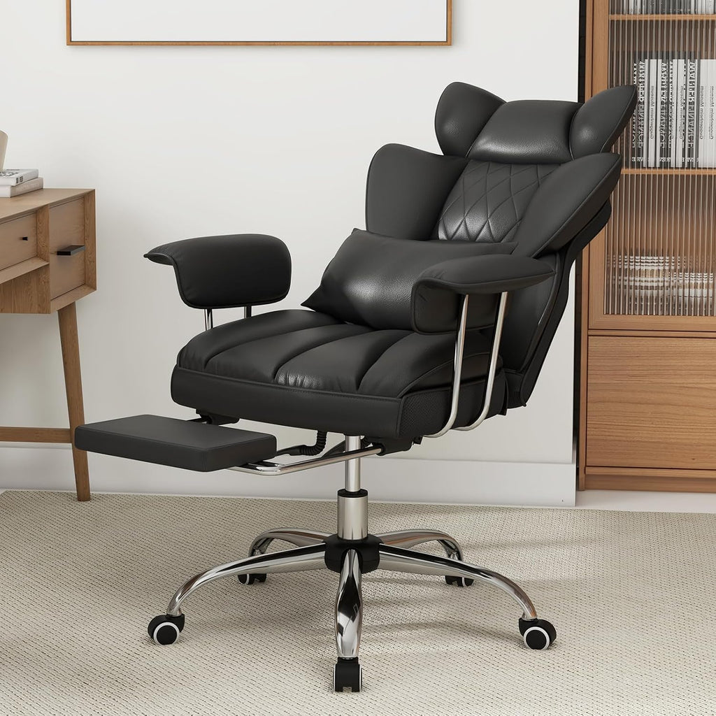 COSTWAY 400 LBS Big and Tall Office Chair, PU Leather Executive Desk Chair w/Retractable Footrest, Reclining Function, Lumbar Support, Ergonomic High Back Home Computer Task Chair (Black)