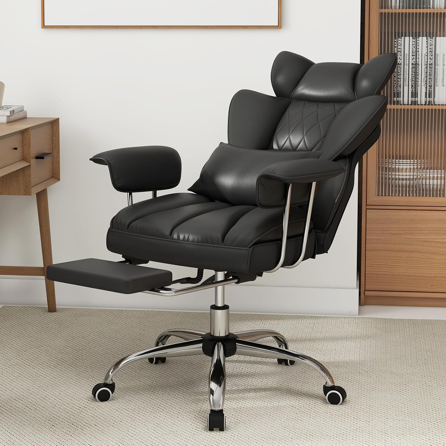 COSTWAY 400 LBS Big and Tall Office Chair, PU Leather Executive Desk Chair w/Retractable Footrest, Reclining Function, Lumbar Support, Ergonomic High Back Home Computer Task Chair (Black)