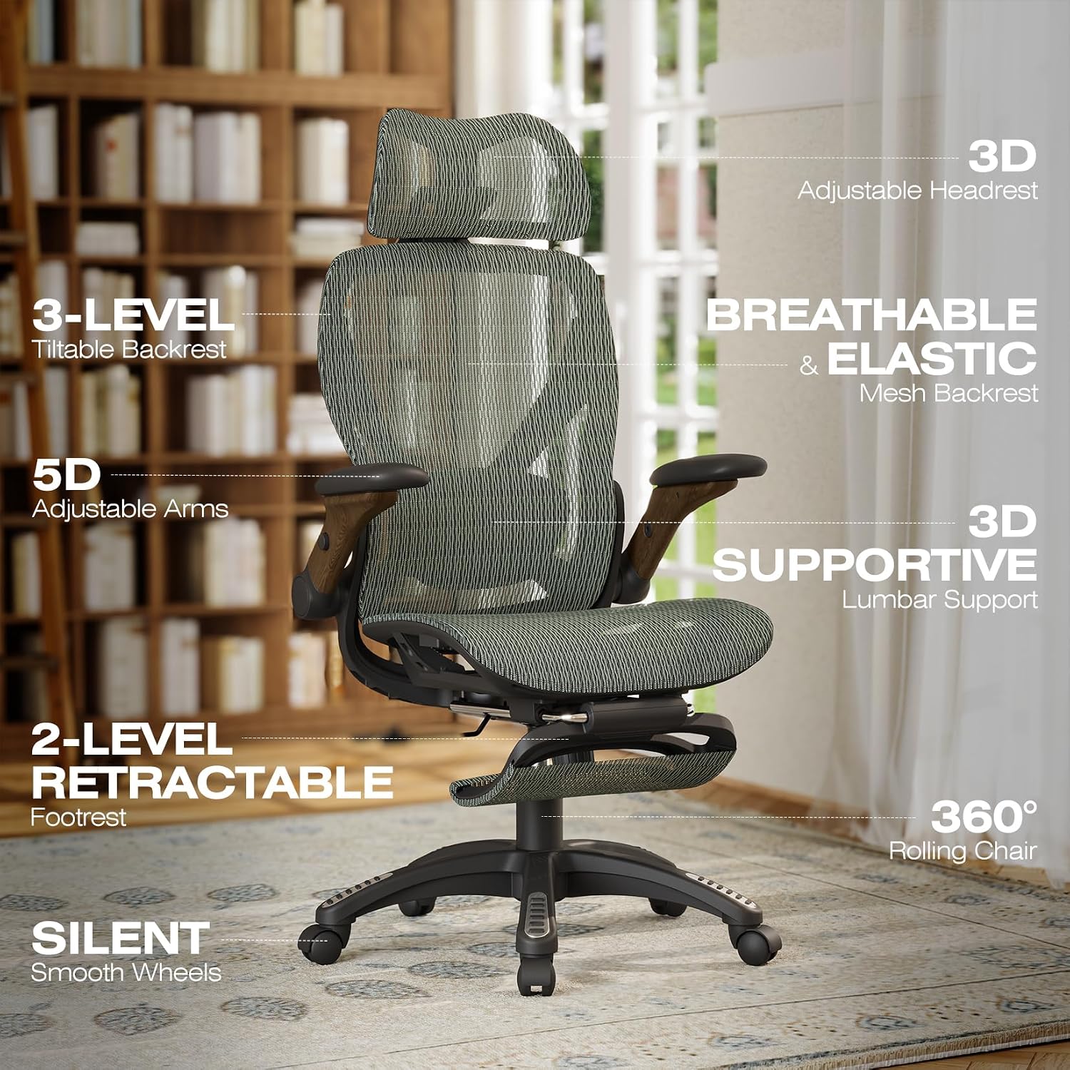 ELABEST X100 Ergonomic Mesh Office Chair with Footrest, Big and Tall Hone Desk Chair with 5D Flip-Up Arms, Adjustable 3D Lumbar Support,Gaming & Executive Computer Chairs