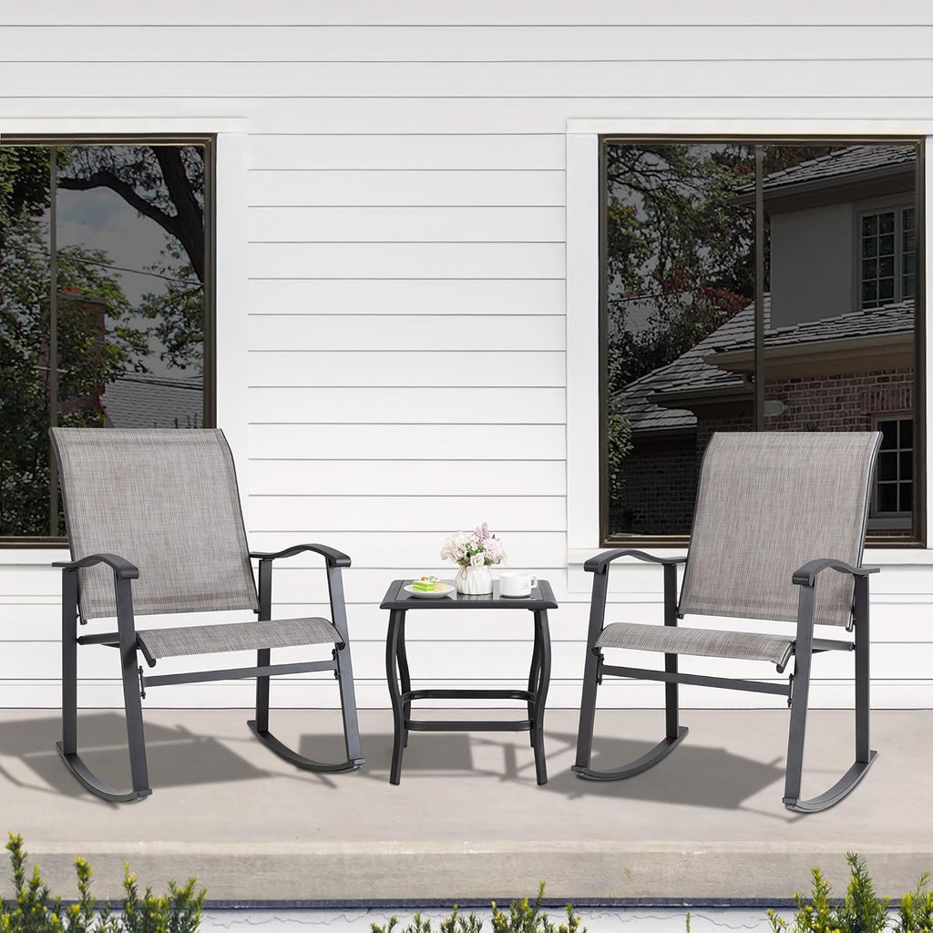 Shintenchi 3 Piece Rocking Bistro Set, Outdoor Furniture with Rocker Chairs and Glass Coffee Table Balcony, Porch Furniture for Small Space, Gray