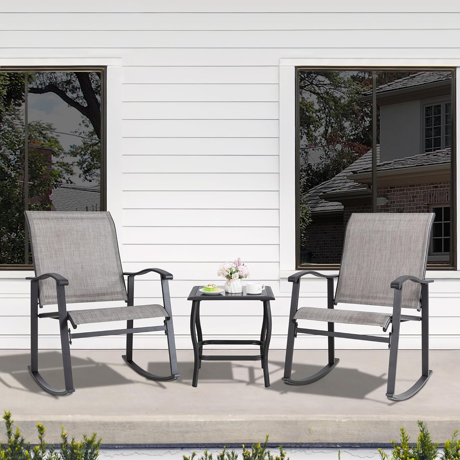 Shintenchi 3 Piece Rocking Bistro Set, Outdoor Furniture with Rocker Chairs and Glass Coffee Table Balcony, Porch Furniture for Small Space, Gray
