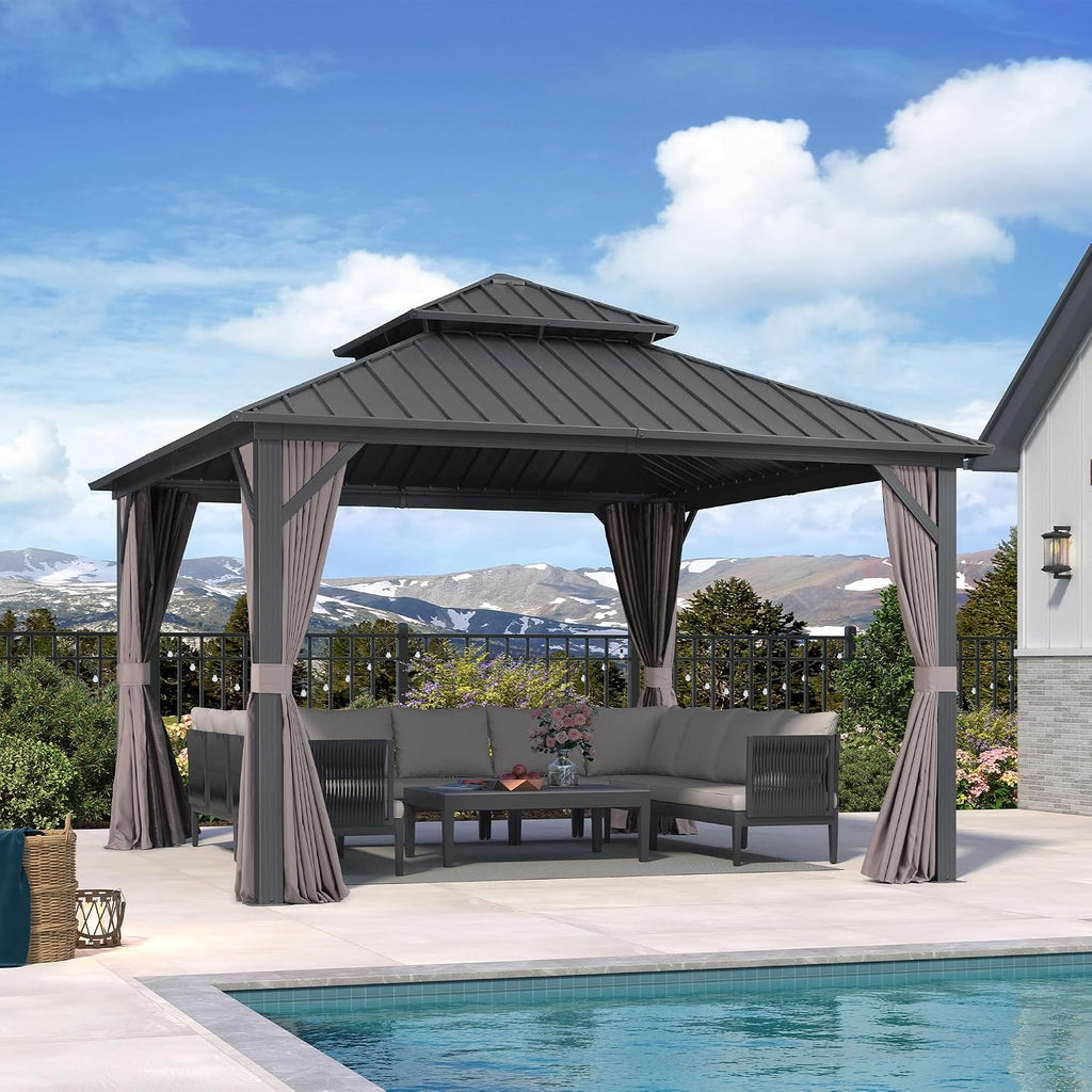 PURPLE LEAF 12' X 12' Permanent Hardtop Gazebo Outdoor Aluminum Gazebo with Galvanized Steel Double Roof for Patio Lawn Garden Aluminum with Netting and Curtains Grey