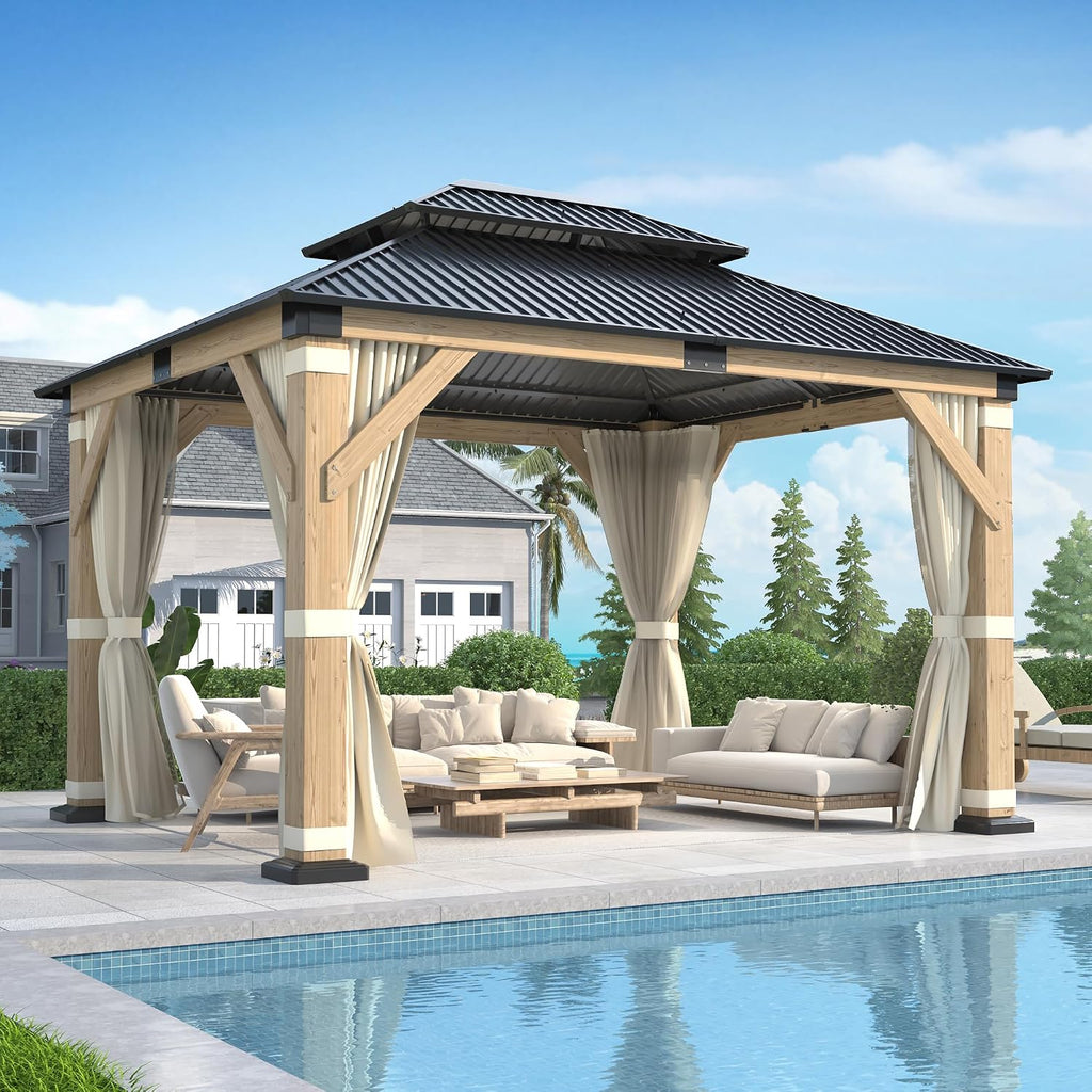 GARTOO 10' x 12' Outdoor Wooden Gazebo - Patio Hardtop Gazebo Permanent Wooden Pavilion with Galvanized Steel Double Roof, Wood Gazebos with Privacy Curtains and Netting for Garden, Lawn, Backyard