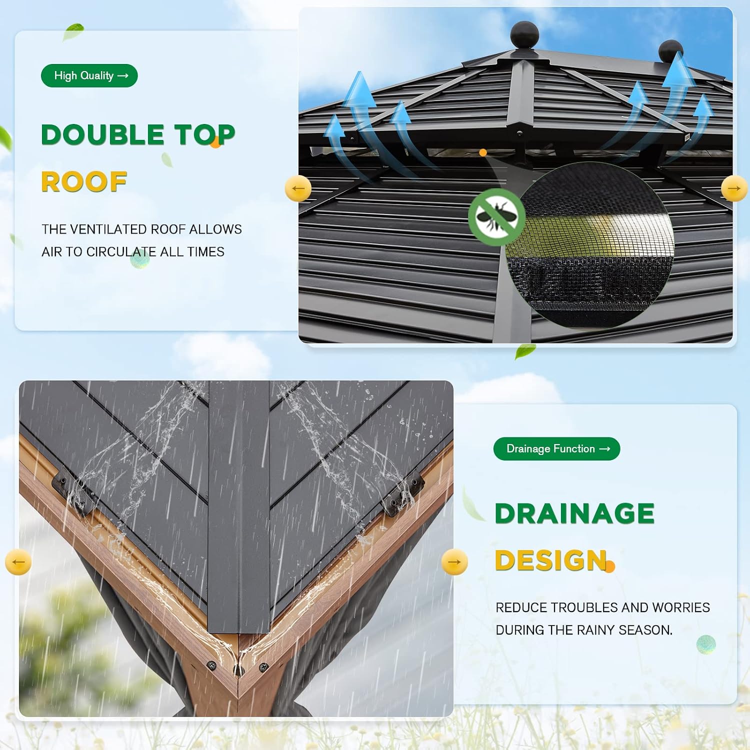 EROMMY 10'x13' Hardtop Gazebo Outdoor Aluminum Wood Grain Gazebos with Galvanized Steel Roof and Mosquito Net for Patios, Deck, Backyard, Curtains & Netting