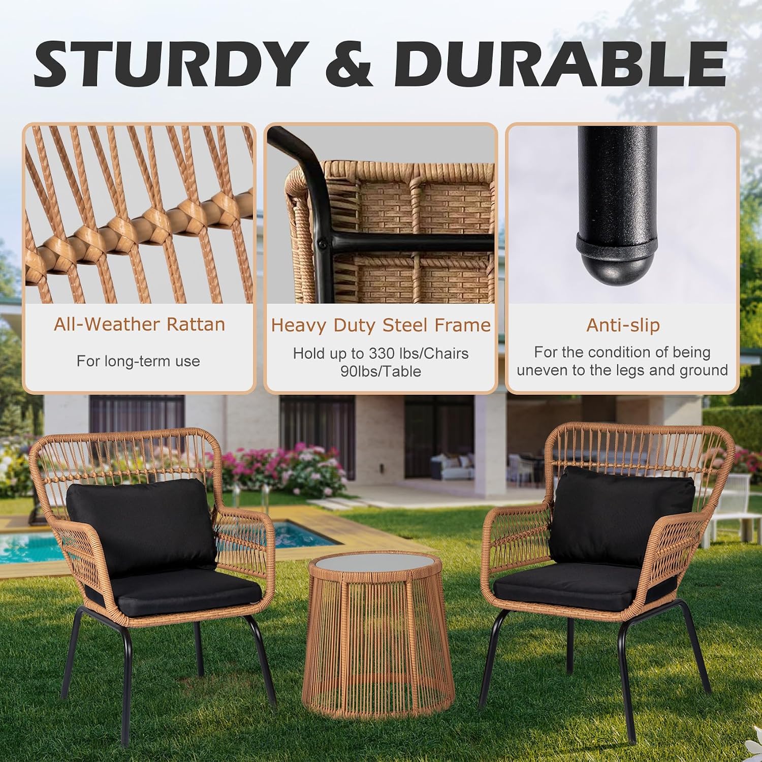 3 Piece Outdoor Wicker Furniture Bistro Set, Rattan Chairs Conversation Sets Wicker Patio Furniture for Balcony Poolside Backyard, Yellow/Black