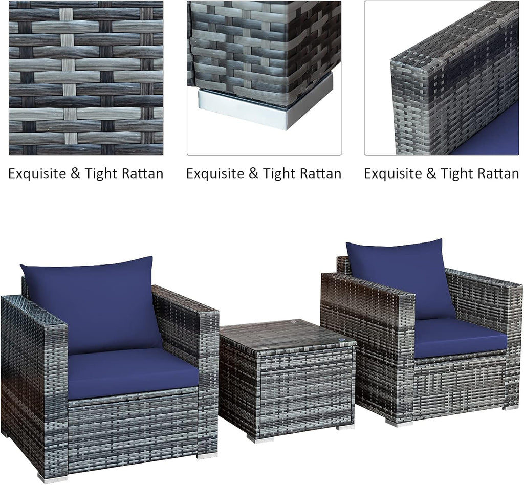 Tangkula 3 Pieces Patio Furniture Set, PE Rattan Wicker Sofa Set w/Washable Cushion and Tempered Glass Tabletop, Outdoor Conversation Furniture for Garden Poolside Balcony