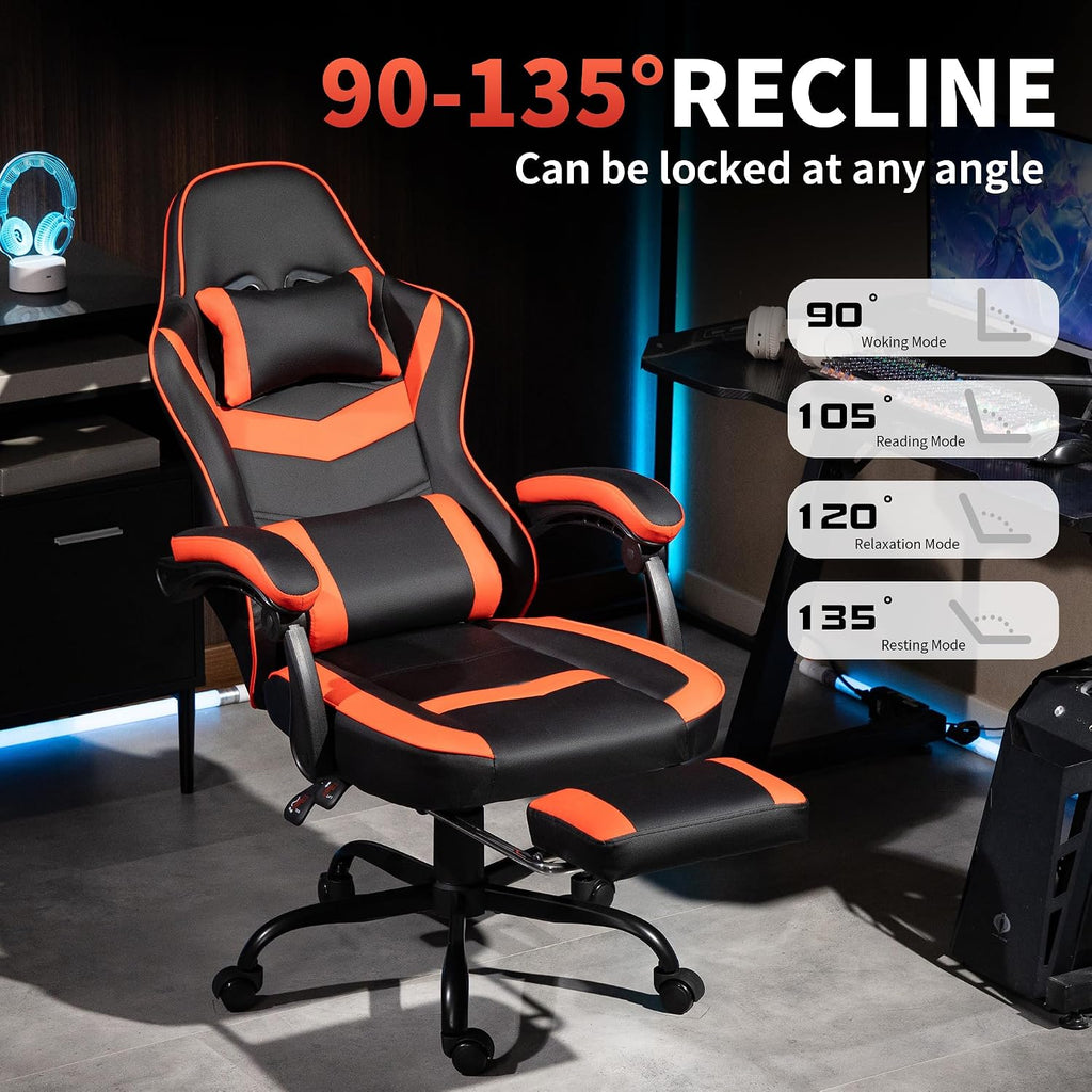 Gaming Chair with Footrest for Adults - Ergonomic Gaming Chairs with Foot Rest - Big and Tall Computer Game Chair - PU Leather Reclining Video Game Chairs with Spring Cushion - Black/Red