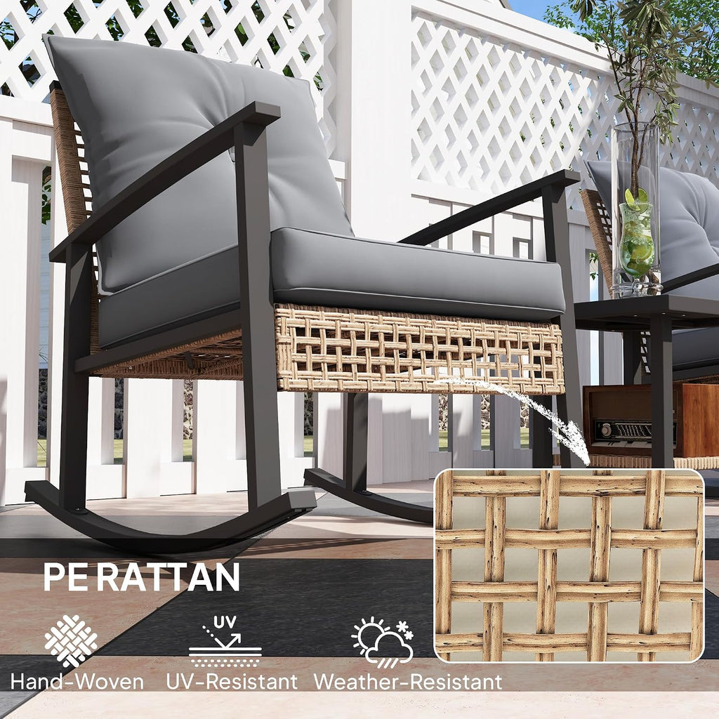 Outsunny 3 Pieces Rocking Wicker Outdoor Bistro Set, Rattan Patio Furniture Set with Coffee Table and Porch Chairs, Button Tufted Cushions for Backyard, Balcony, Garden, Gray