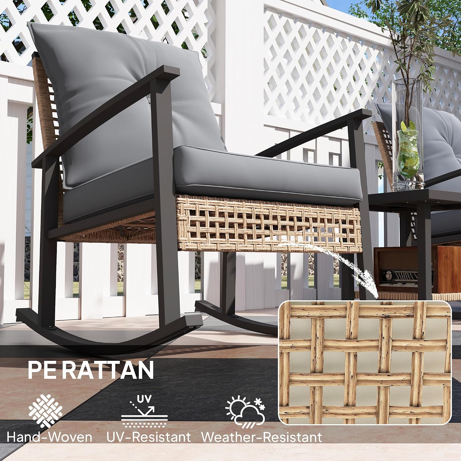 Outsunny 3 Pieces Rocking Wicker Outdoor Bistro Set, Rattan Patio Furniture Set with Coffee Table and Porch Chairs, Button Tufted Cushions for Backyard, Balcony, Garden, Gray