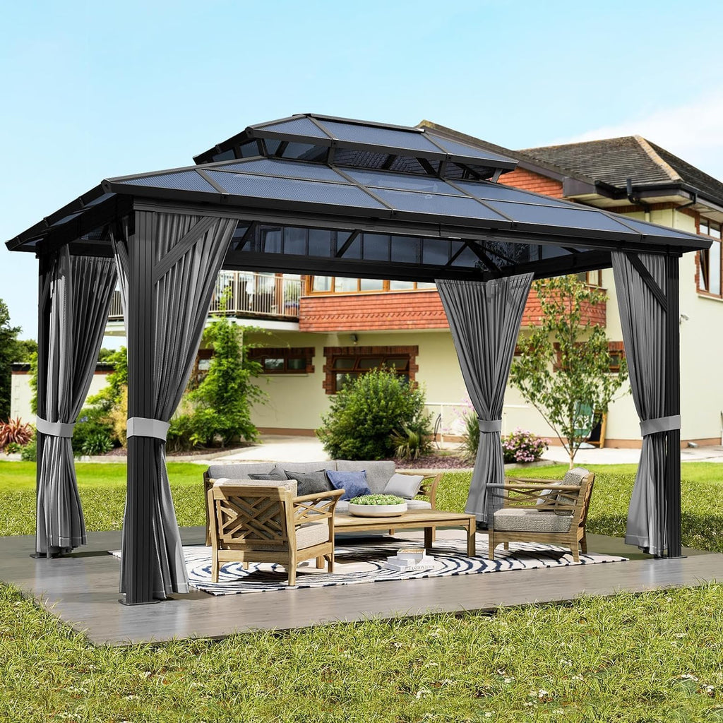 OUTLANE 10'x12' Gazebo, Hardtop Gazebo with Polycarbonate Double Roof, Aluminum Frame Pavilion, Weatherproof UV Protection for Outdoor, Garden, Patio, Lawn